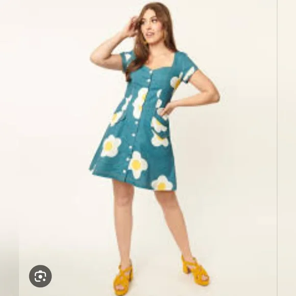 Unique Vintage Teal and White Floral Mini Dress - Picture 2 of 13